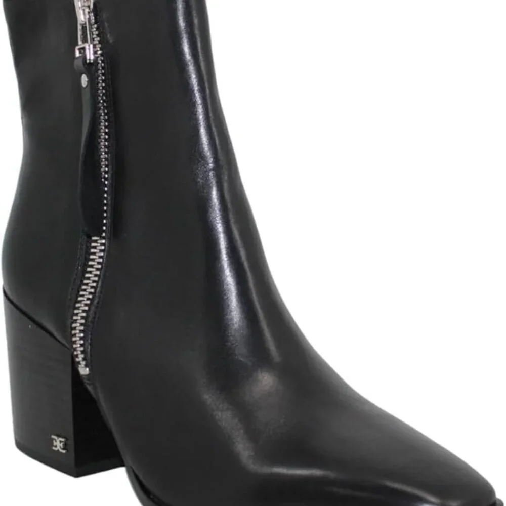 Sam Edelman Carlysle Black Leather Block Heel Silver Zipper Ankle Boots BRANDNEW